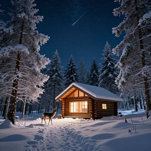 Photograph of a wooden cabin at night, illuminated, surrounded by snow-covered trees, a deer standing in the snow, and a shooting star in the