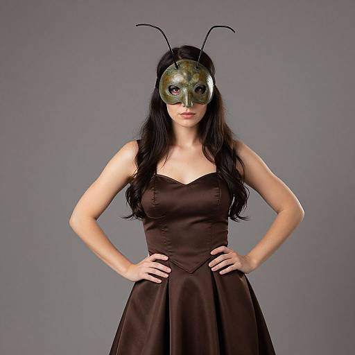 Photograph of a woman with long black hair, wearing a green insect mask with antennae, a strapless brown satin dress, and hands on hips