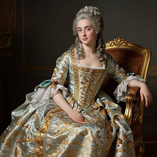 Digital painting of a regal woman in an ornate, light blue and gold brocade gown with lace cuffs, seated on an elaborate gold chair,