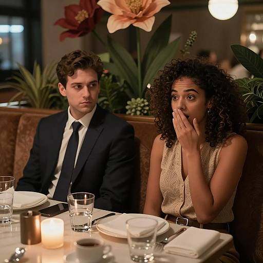 Surprised woman and serious man in restaurant booth