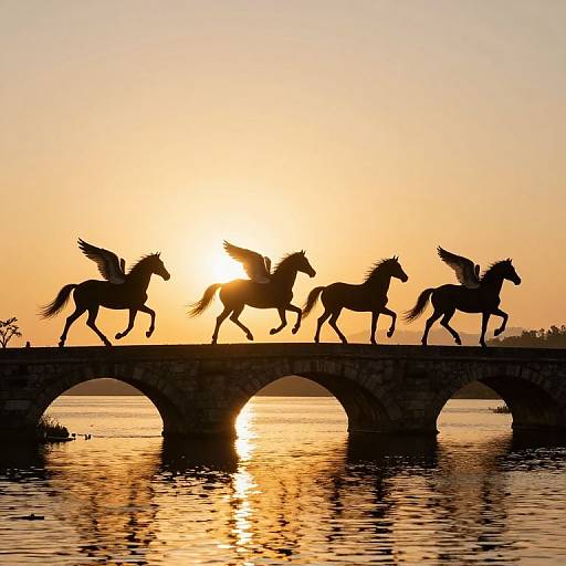Silhouetted horses with wings crossing a stone bridge at sunset, reflected in calm water, with a glowing orange sky. Photograph.