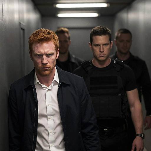 Men in Dimly Lit Metallic Hallway