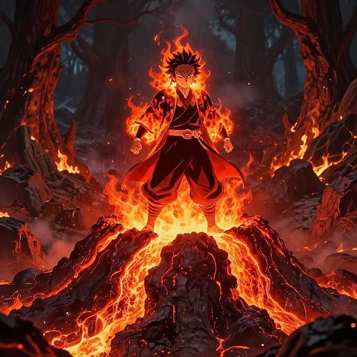 Digital anime artwork of Goku standing on a fiery lava mound, surrounded by blazing flames and dark, smoky forest. Intense, fiery red and orange
