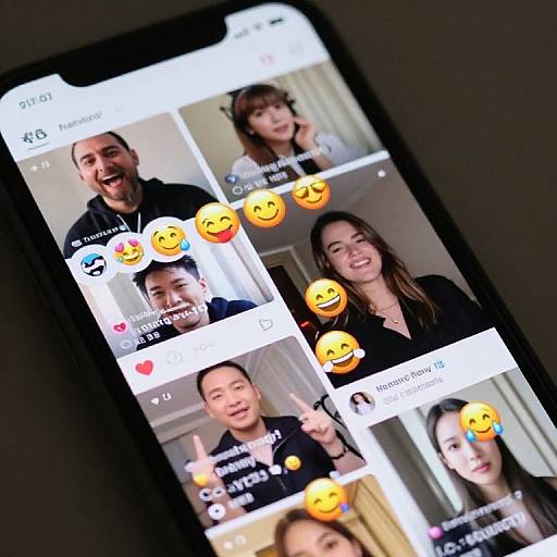 Photograph of a smartphone screen displaying a social media app with four smiling couples' photos, each with a smiley face emoji.