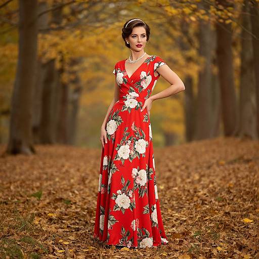 Photograph of a woman in a red floral dress standing in a leaf-covered autumn forest, with yellow trees and a blurred background.