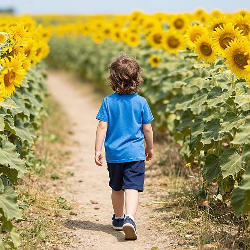 Child Walking Through Sunflower Field