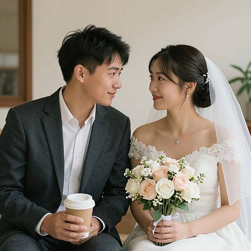 Photograph of an Asian couple on their wedding day, the groom in a black suit holding a coffee cup, the bride in a white dress with lace