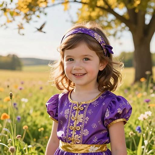 Photograph of a smiling young girl with light brown hair wearing a purple floral dress and headband, standing in a sunny meadow with wildflowers and