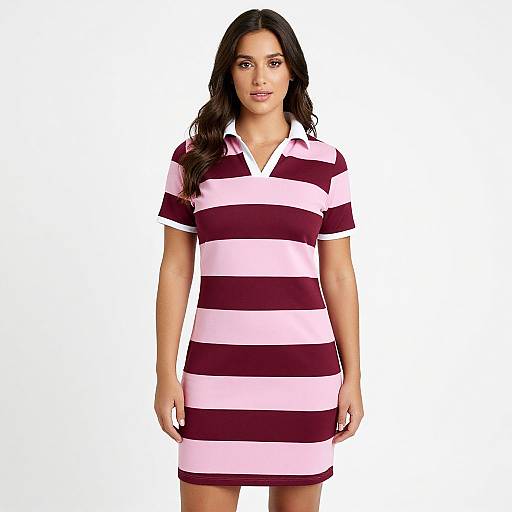 Photograph of a woman with long dark hair wearing a pink and maroon striped short-sleeve polo dress, standing against a white background.