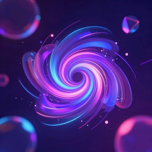 Digital artwork of a vibrant, swirling galaxy with neon purple, blue, and pink lights, surrounded by glowing, colorful spheres in a dark space.