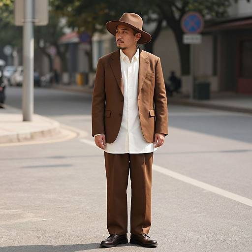 Photograph of a young Asian man standing on a sunny street, wearing a brown hat, brown suit, white shirt, and black shoes. Background shows