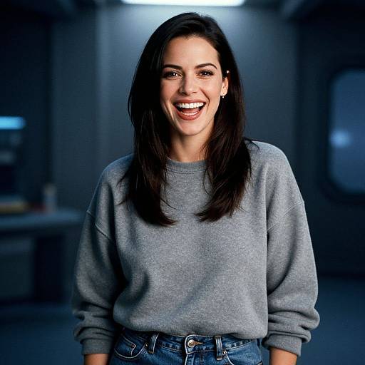 Photograph of a smiling woman with long dark hair, wearing a gray sweatshirt and blue jeans, standing in a dimly lit room.