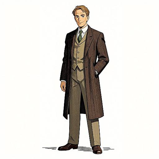 Digital illustration of a handsome man in a brown Victorian-style suit, white shirt, green tie, and long black overcoat, standing against a white background
