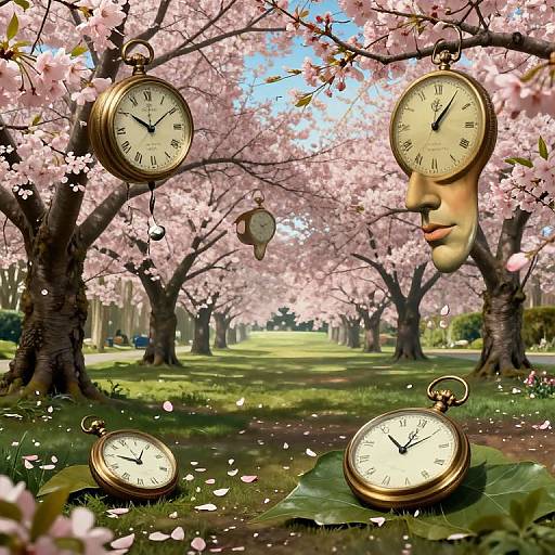 Surreal photo: Cherry blossom trees with floating vintage pocket watches and a disembodied face amidst falling petals and green grass.