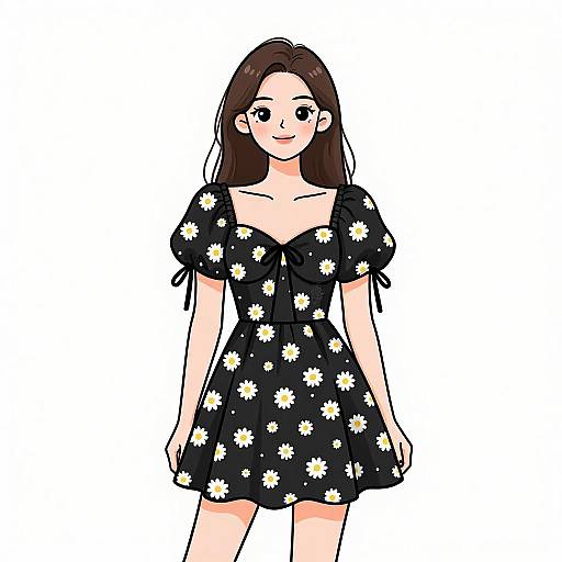 Digital anime-style drawing of a smiling young woman with long brown hair, wearing a black daisy-patterned dress with puffed sleeves. White background.