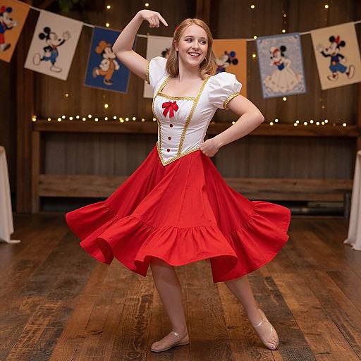 Photograph of a smiling woman in a white blouse and red skirt, posing with one arm raised, in a wooden stage decorated with Disney-themed banners and