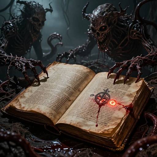 Dark, demonic creatures with twisted, black, clawed hands surround an old, glowing, spellbook with a red, pentagram-marked bookmark.