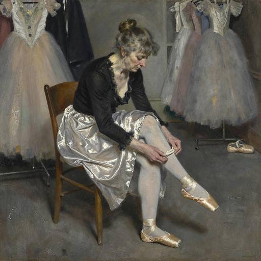 Degas-Style Elderly Ballerina Inspecting Shoes