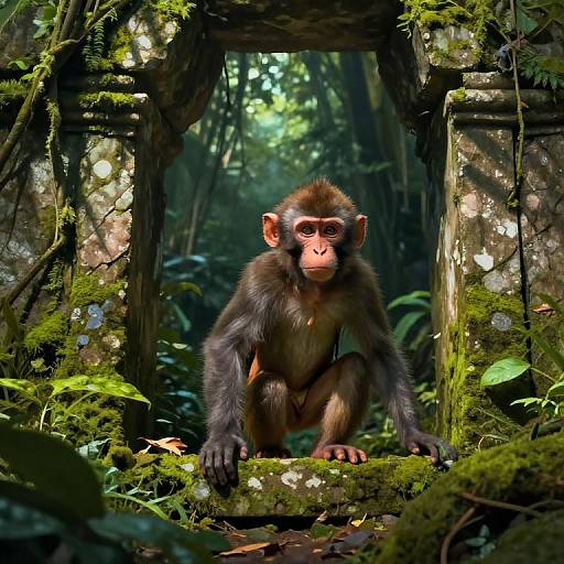 Photograph of a curious, brown-furred baby monkey with a tufted head, crouching in a mossy, ruined stone archway