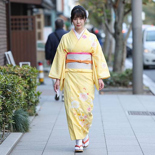 Woman in Yellow Kimono Walking