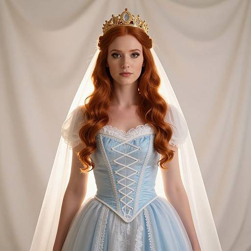 Photograph of a red-haired woman with long curls, wearing a blue princess gown, white lace trim, corset, gold tiara, and white
