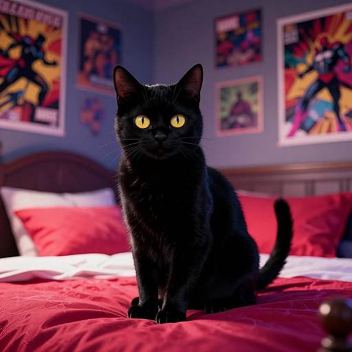 Photograph of a black cat with bright yellow eyes sitting on a red bedspread, surrounded by colorful superhero posters on blue walls.