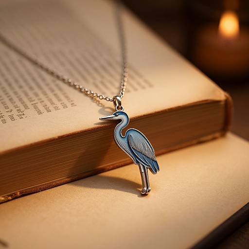 Photograph of a silver pendant featuring a blue heron, resting on an open book with a blurred candle in the background.