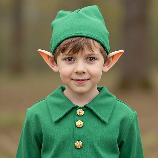 Photograph of a young boy with fair skin, brown eyes, and brown hair, wearing a green elf costume with pointed ears and gold buttons, smiling