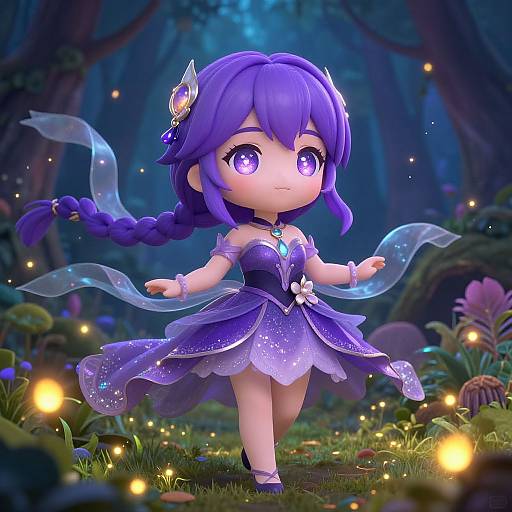 Chibi-style digital artwork of a purple-haired fairy girl with large eyes, braided hair, translucent wings, and a sparkly purple dress, standing