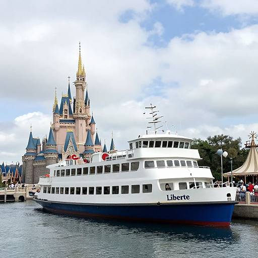 Photograph of a white and blue Liberty boat docked beside a fairytale-style castle with blue roofs and golden spires, under a partly cloudy