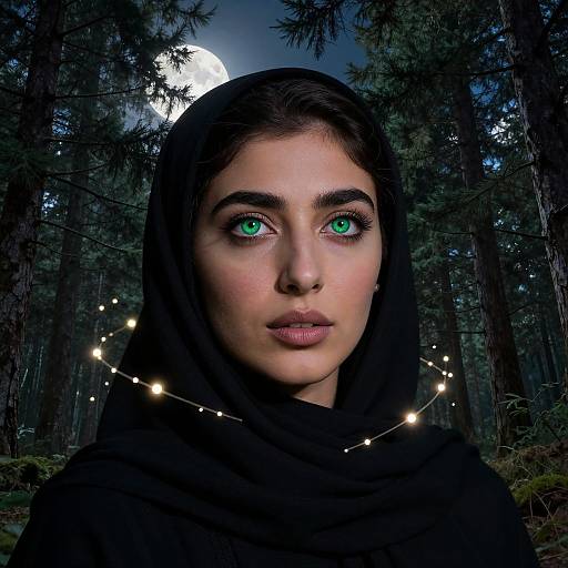 Photograph of a young woman with striking green eyes, wearing a black hooded cloak, standing in a dark forest at night with string lights and a