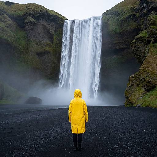 Woman in Yellow Raincoat at Seljalandsfoss