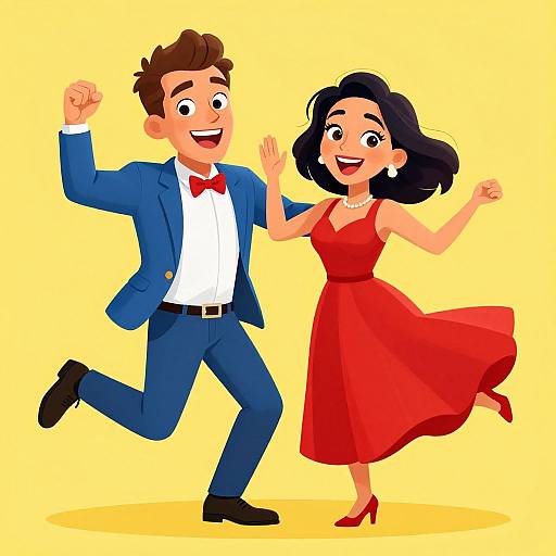 Cartoon illustration of a smiling man in a blue suit and red bow tie dancing with a woman in a red dress and red heels against a yellow background