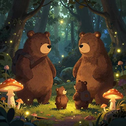 Cartoon Bear Family in Enchanted Forest