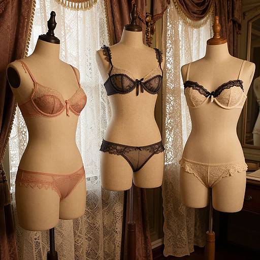Photograph of three mannequins in lingerie: left in peach lace, center in black sheer, right in beige lace, set against lace curtains