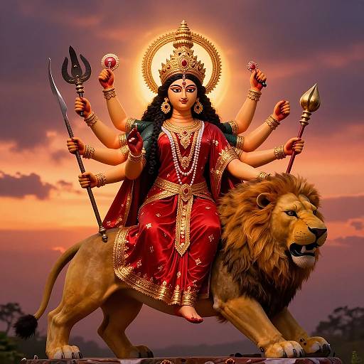 Digital art of Hindu goddess Durga with six arms, wearing red and gold attire, seated on a lion, holding weapons, against a sunset sky.
