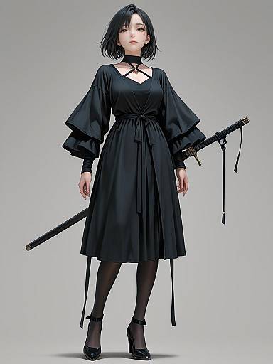 Digital artwork of a pale-skinned, black-haired woman in a black dress, high heels, and holding a sheathed katana, standing confidently against