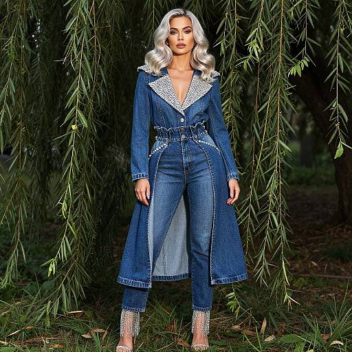 Platinum Blonde Woman in Denim and Diamond Outfit