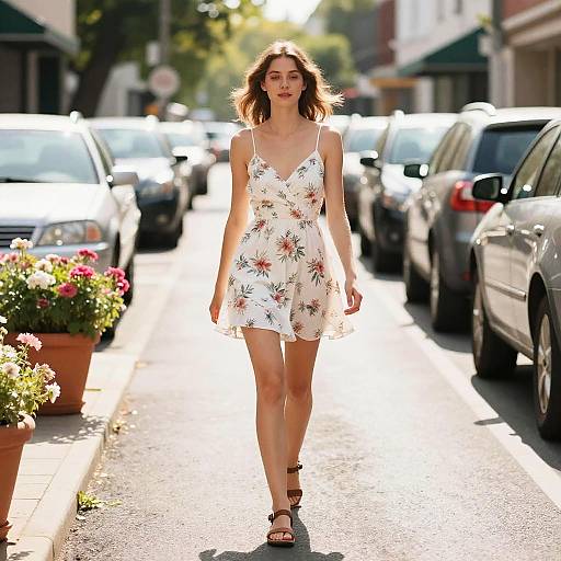 Sunlit Urban Stroll with Floral Dress