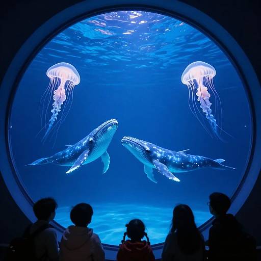 Photograph of a circular aquarium displaying glowing blue jellyfish and two bioluminescent whale sharks, viewed by silhouetted onlookers.