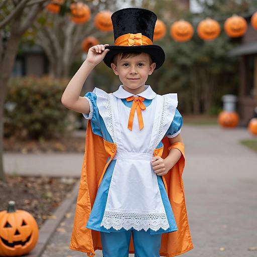 Photograph of a young boy in a Halloween costume, wearing a black top hat, blue and orange outfit, white apron, smiling outdoors with jack