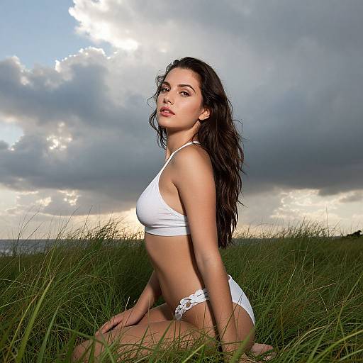 Photograph of a brunette woman with long, wavy hair, wearing a white bikini, kneeling in tall grass at sunset, with a dramatic, cloudy