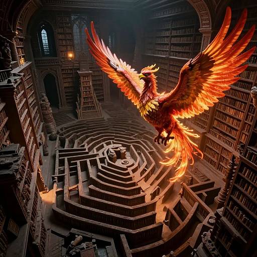 Digital fantasy artwork: A fiery, majestic phoenix with outstretched wings soars above a labyrinth in a dimly lit, ancient library.