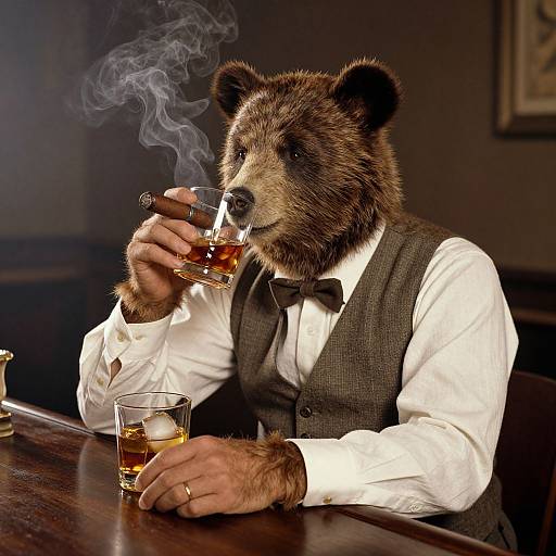 Photograph of a bear in a white shirt and gray vest, sitting at a bar, smoking a cigar and drinking whiskey.