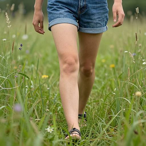 Photograph of a woman's legs in denim shorts and black sandals walking through a lush, green meadow with wildflowers.