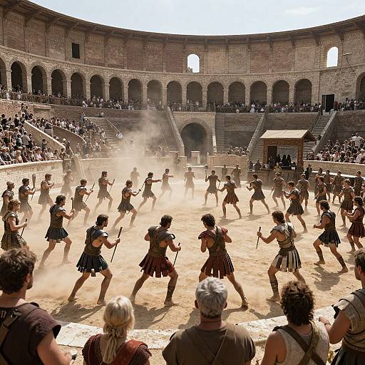 Photograph of a gladiator battle in a Roman Colosseum, with dust clouds, armored fighters, and spectators in the background.