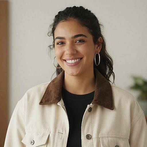 Photograph of a smiling woman with dark curly hair, wearing large hoop earrings, a beige jacket with brown leather collar, and black top, standing against
