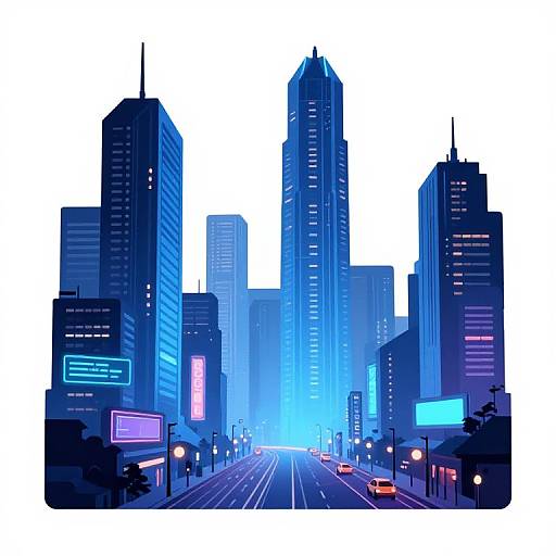 Digital illustration of a futuristic, neon-lit cityscape with towering blue and purple skyscrapers, illuminated billboards, and a busy street with red