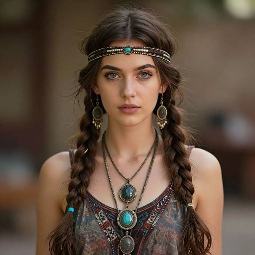 Photograph of a young woman with long brown braids, wearing a turquoise headband, earrings, and layered necklaces, with a bohemian