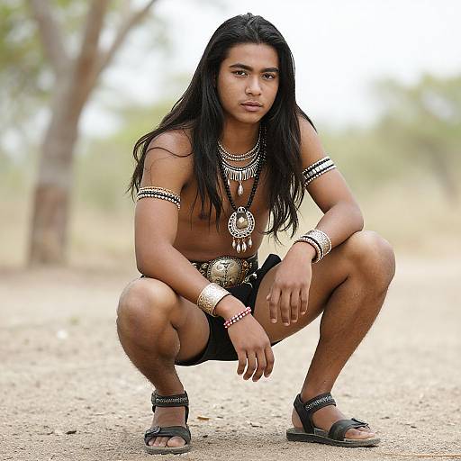Photograph of a muscular, tan-skinned man with long black hair, squatting outdoors. He wears tribal jewelry, black shorts, sandals, and